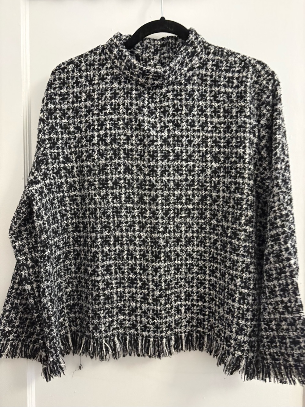 Zara Black & White Houndstooth Fringe Tweed Top XL